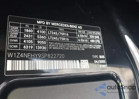 2025 Mercedes-Benz Sprinter 2500 Standard Roof 4-Cyl Diesel Ho z USA, uszkodzony, nr VIN W1Z4NFHY9SP822720